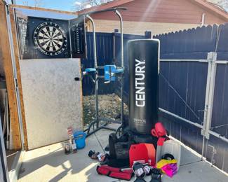 Outdoor workout equipment, punching bag, pullup tower, goruck vest and plates, kettlebell, youth sparring gear, dartboard