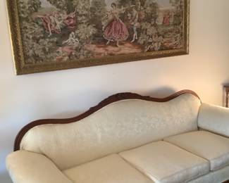 French style wall tapestry, 1940;s swan neck sofa