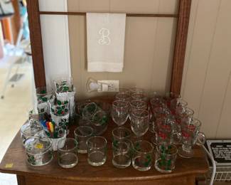 Lots of crystal glassware and a washstand. 