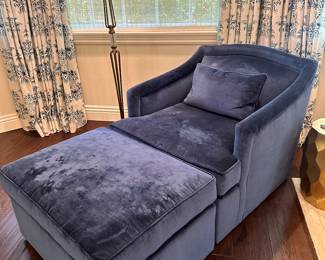 Swivel Club Chair and Ottoman: A Donghia blue velvet swivel club chair with matching ottoman, and a unique piece upholstered in Fortuny fabric with built-in mahogany tray and legs.