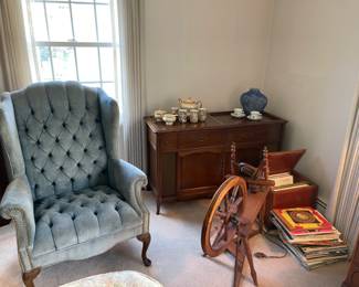 WINGBACK CHAIR, ANTIQUE SPINNING WHEEL, STEREO, RECORES AND MORE