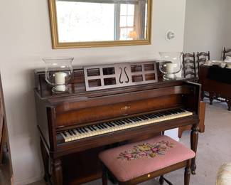 ANTIQUE CABLE PIANO WITH NEEDLEPOINT TOP BENCH