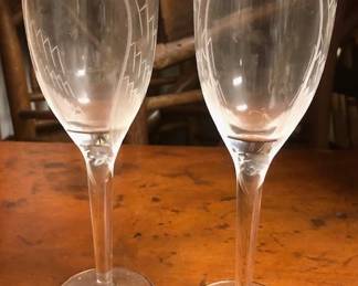Pair Lalique, France Angel crystal champagne flutes glasses 8 1/8"