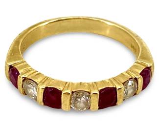 Diamond and Ruby Inlaid 14K Gold Ring