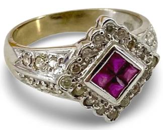Diamond and Ruby Inlaid 14K White Gold Ring