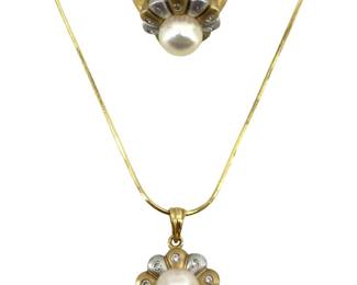 Pearl & Diamond Inlaid 14K Gold Necklace & Ring
