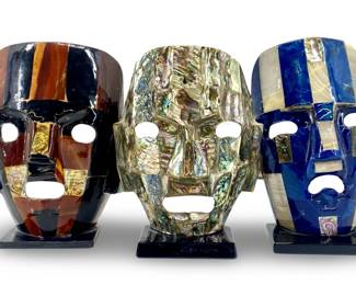 3pc Mayan Style Abalone & Ceramic Mosaic Mask Art
