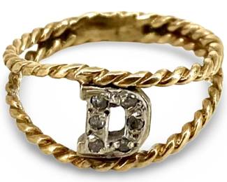 Diamond Inlaid Twisted Gold “D" Design Ring