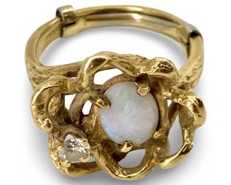 Artistic Opal and Diamond Inlaid 14K Gold Ring