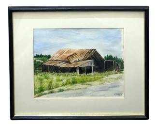 Signed E. Roberts “Snow Low Barn" Watercolor
