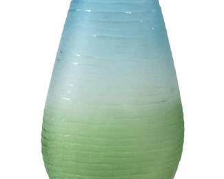 Frosted Etched Hand Blown Green And Blue Art Vase