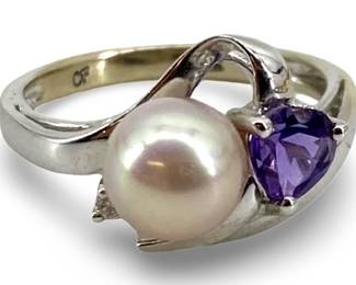 Pearl, Diamond, & Amethyst Inlaid 14K Gold Ring