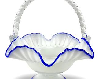 Art Glass White and Blue Basket