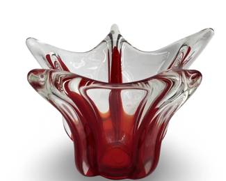 Beautiful Red And Clear Pulled Rib Art Glass Bowl
