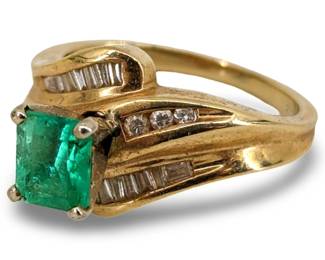 Emerald and Diamond Inlaid 14K Gold Ring