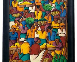 Signed Frantzy Haitian Market Acrylic on Canvas