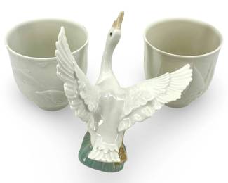 3pc Lladro Porcelain Swan & Cups