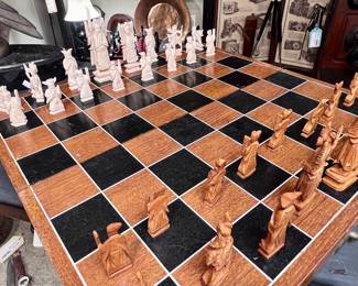 Vintage Chess Set with Hand Carved Ivory Pieces
