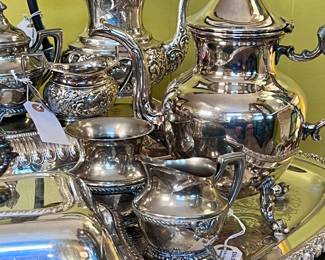 Selection of silver plate trays, tea sets, serving pieces
