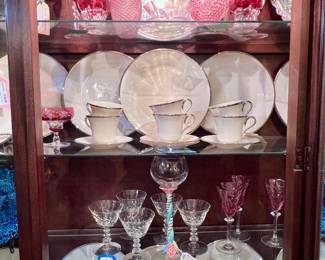 Vintage Cranberry Glass, Lenox Moonspun China Set 