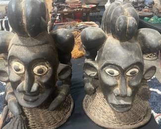 UNIQUE-HUGE heavy antiques -Cameroon Grasslands - KING AND QUEEN coif - ceremonial tribe.
