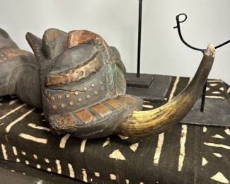 SONGYE-power figure, horn-animal bone , wood, brass tacks, textile. The horn on the top of figure -enhance the mystical power.