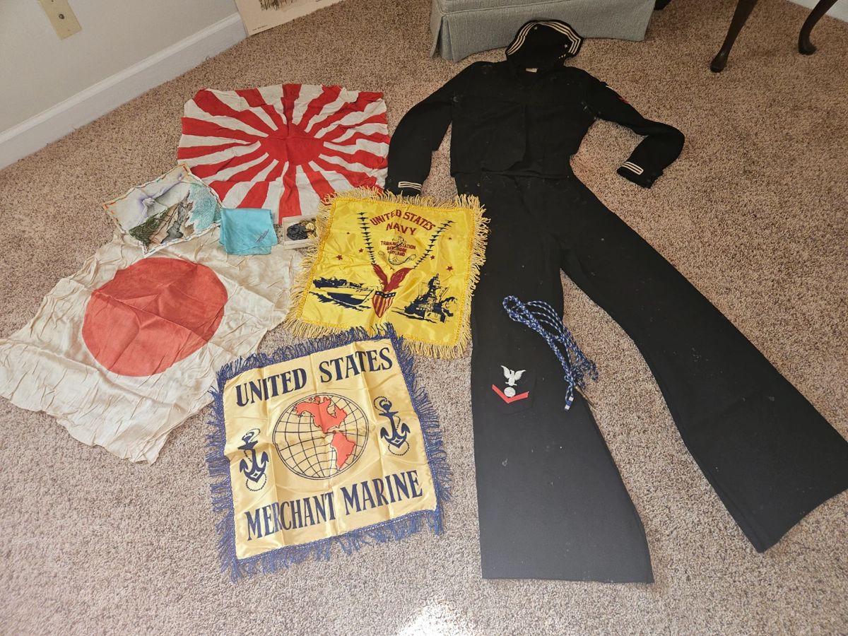 Captured WWII Japanese Flags and US Sailor Uniform
