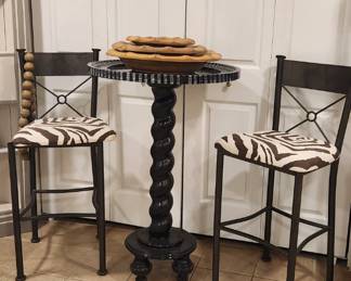 Custom pedestal table & 2 zebra bar stools