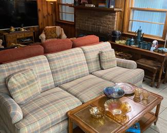 Plaid Sofa 
French provincial leather top cocktail table
Carnival Glass pieces