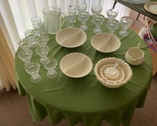 4 pc popcorn set and misc serving pieces 
Wexford pitcher 
Thumbprint glasses