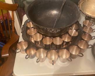 Silver punch bowl, tray, ladle and 24 cups