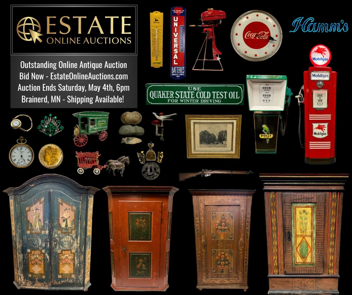 Online Antique Auction! Bid Now! https://bid.estateonlineauctions.com/ui/auctions/118412
Auction Ends Saturday, May 4th @ 6:00pm
Shipping Available!
Like us on Facebook! Estate Online Auctions