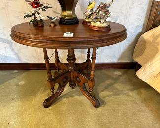 Brass Swivel Table Lamp, Vintage Oval Side Table, Various Porcelain Birds