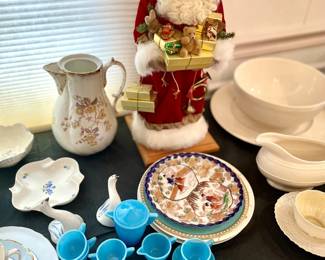  Vintage Arko Child's Blue Tea Set; Retired Lynn Haney Signed Santa
