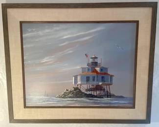 Thomas Point Light House Oil on Board Signed Will Haddon
