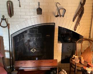 railroad lantern, cast iron scottie,  old tool chest, bentwood chair, & lots of wrought iron items