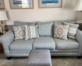 Grey Sofa, Storage Ottoman, Decorative Pillows