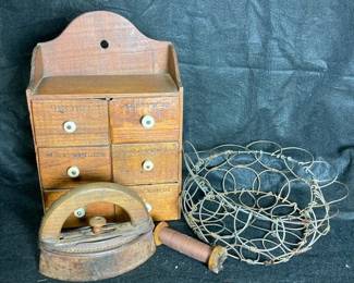 Vintage Pure Foods Spice Drawers, Collapsible Basket And Clothes Iron 