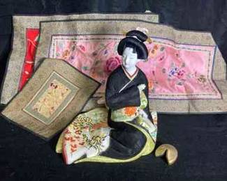 Japanese Kimekomi Doll, Brass Fortune Cookie And Asian Placemats