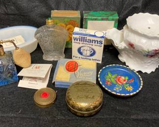 Vintage Vanity Shaving Mug, Rouge, Perfume Bottle And More 