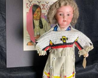 Armand Marseille 390 Porcelain Doll With Handmade Leather Dress And Vintage Indian Print