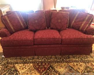 Burgandy Thomasville Fabric Sofa with 4 Throw Pillows
