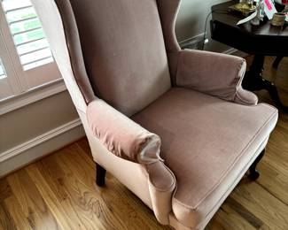 Vintage King Hickory Wingback Chair with Pink/Mauve Velour 