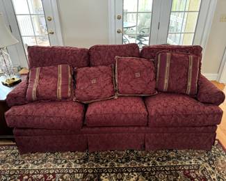 Burgundy Thomasville Fabric Sofa with 4 Throw Pillows