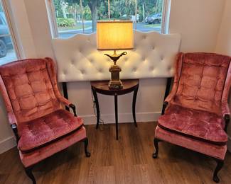 A very lovely set of vintage Velour chairs $250 for both,  white vinyl full size head board 
$40.00