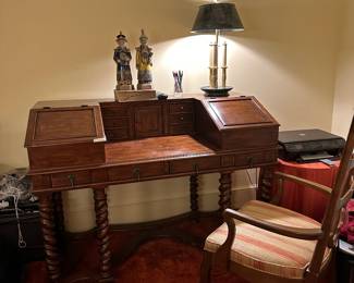 Oversized mahogany Spinet desk with awesome barely twist turned legs, splat matching suit on the oversized theme. Tons of room, very unique yet understated piece. Feels like it should be Theodore Alexander’s line for Marge Carson. (I’m unsure of the maker but hopefully you are understanding the vibe here)