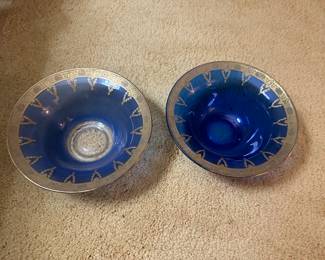 Bohemian Czech cobalt glass bowls with gold leaf trim 