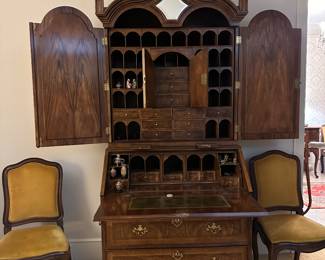 Incredible Baker Georgian burl walnut bureau with beveled mirror inlay… and tooons of hiding spots for your collectibles 