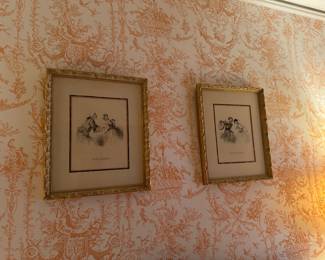 Pair of antique French dressing framed prints 
