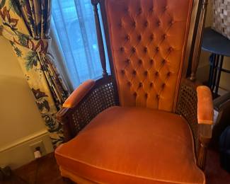 MCM orange velvet Hollywood Regency style cane parlor chair  